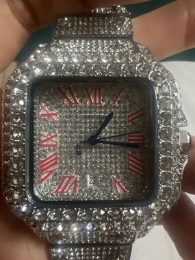 Silver Crystal Watch with red Roman Numerals